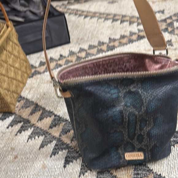 Consuela Blue and Tan Shoulder Bag with Gold Accents - Picture 4 of 7